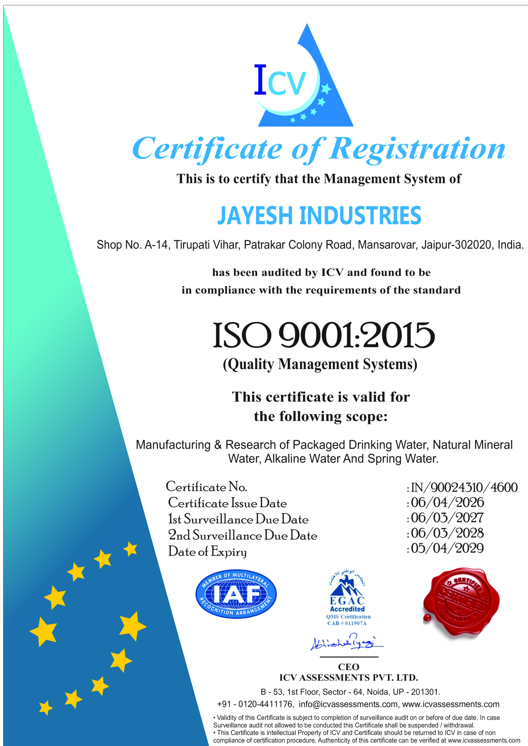 ISO 9001:2015 Certificate - Jayesh Industries, Aquify Water Manufacturer, Jaipur